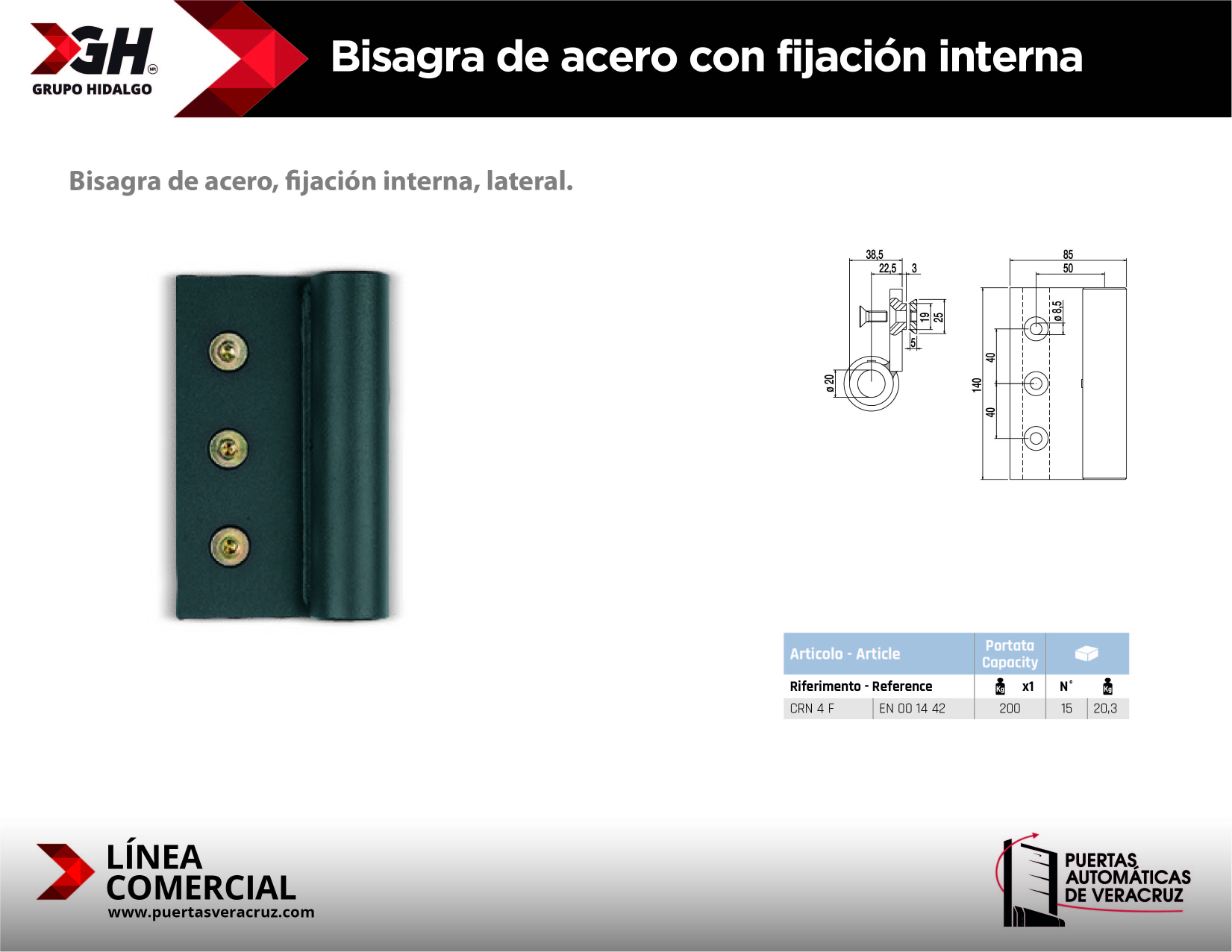 Bisagra de acero con fijación interna