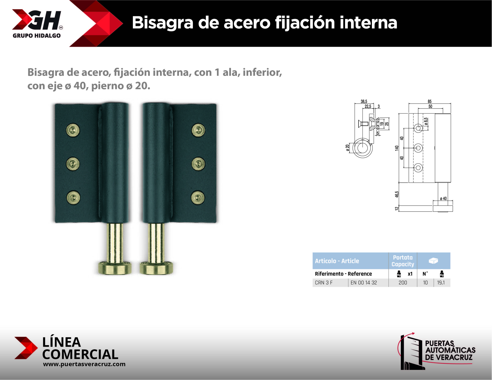 Bisagra de acero fijación interna