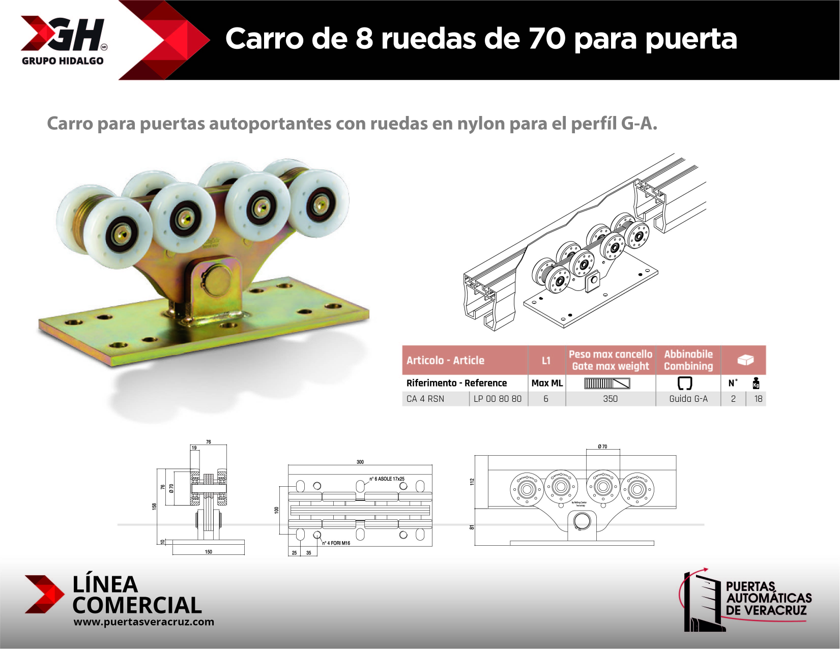 Carro de 8 ruedas de 70 para puerta